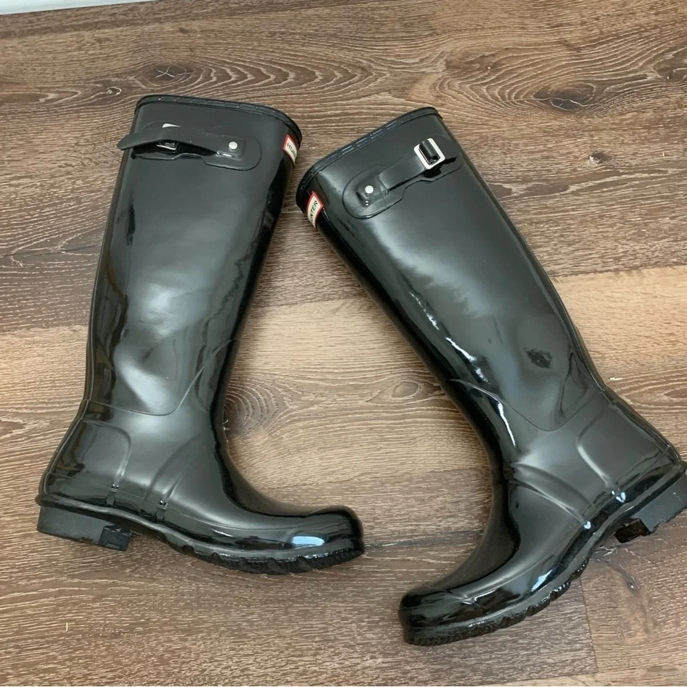 Hunter Womens original black tall gloss rain boots 10 - Picture 9 of 10
